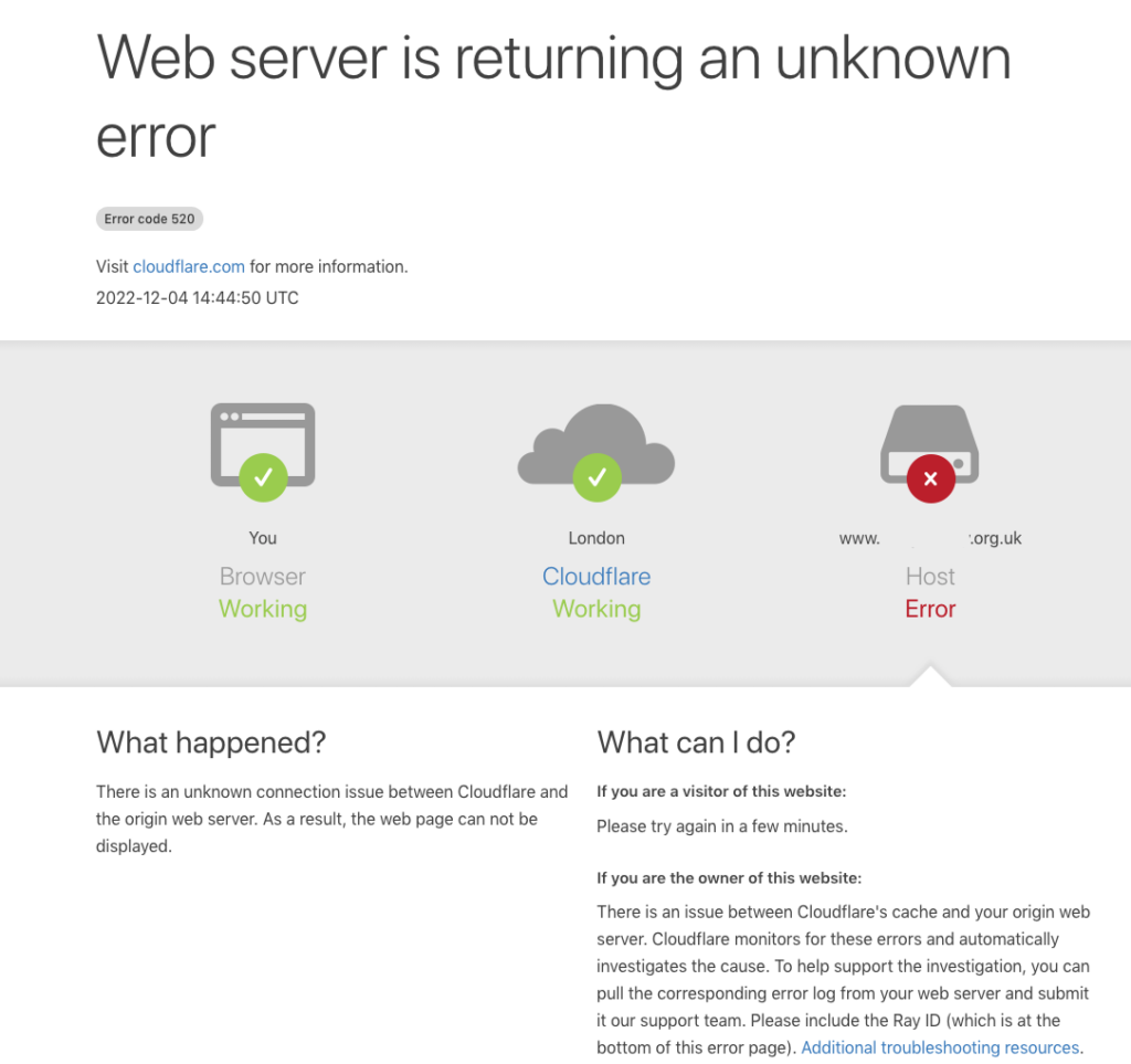 Screenshot of Cloudflare returning a 520 error