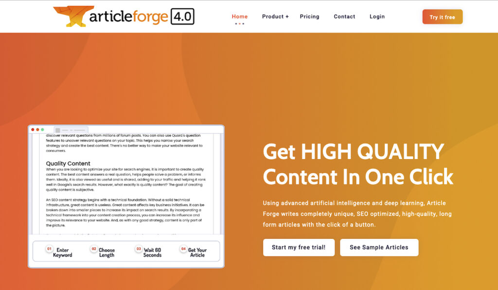 Article Forge Landing Page
