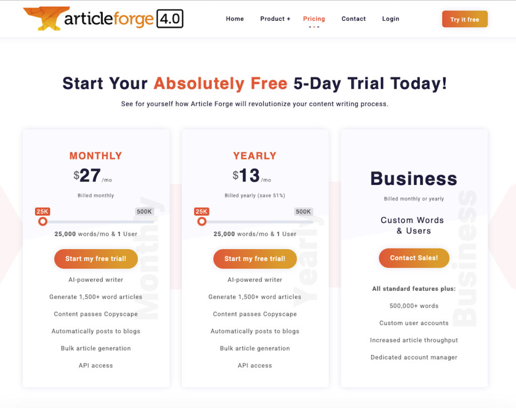 Article Forge Pricing Page