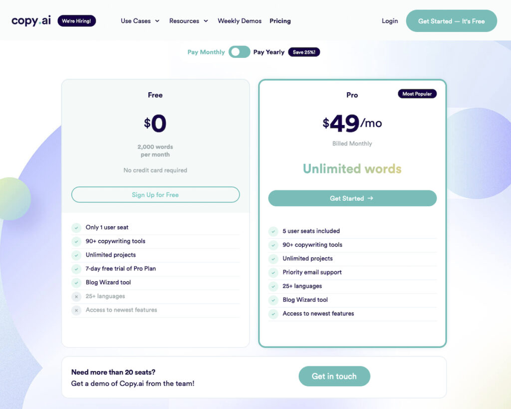 Copy ai Pricing Page