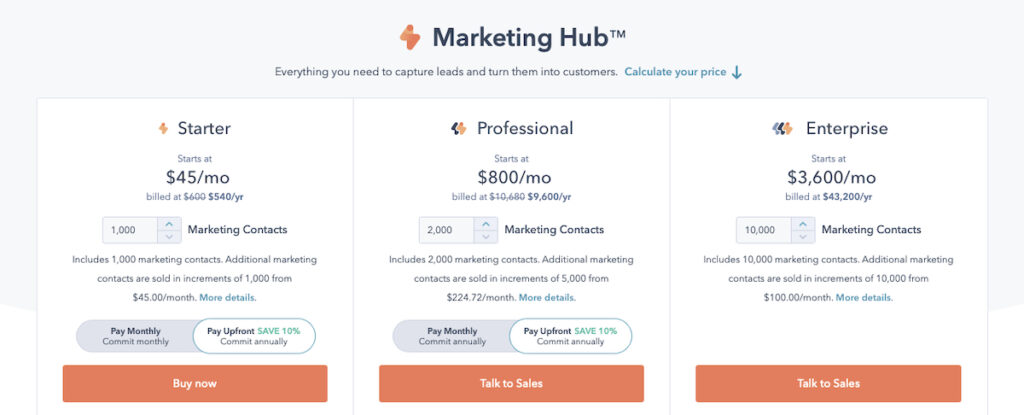 HubSpot Pricing Page