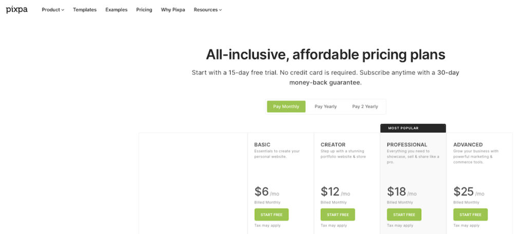 Pixpa Pricing Page