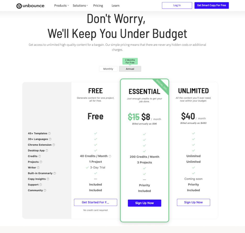 Smart Copy by Unbounce Pricing Page