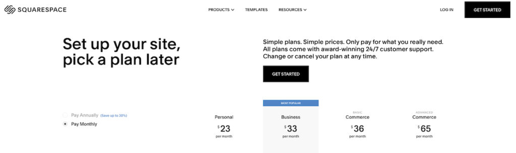 Squarespace Pricing Page