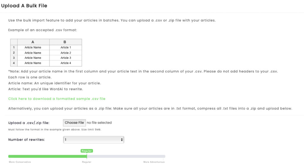 WordAi Bulk Rewrite feature - Upload a Bulk File Section