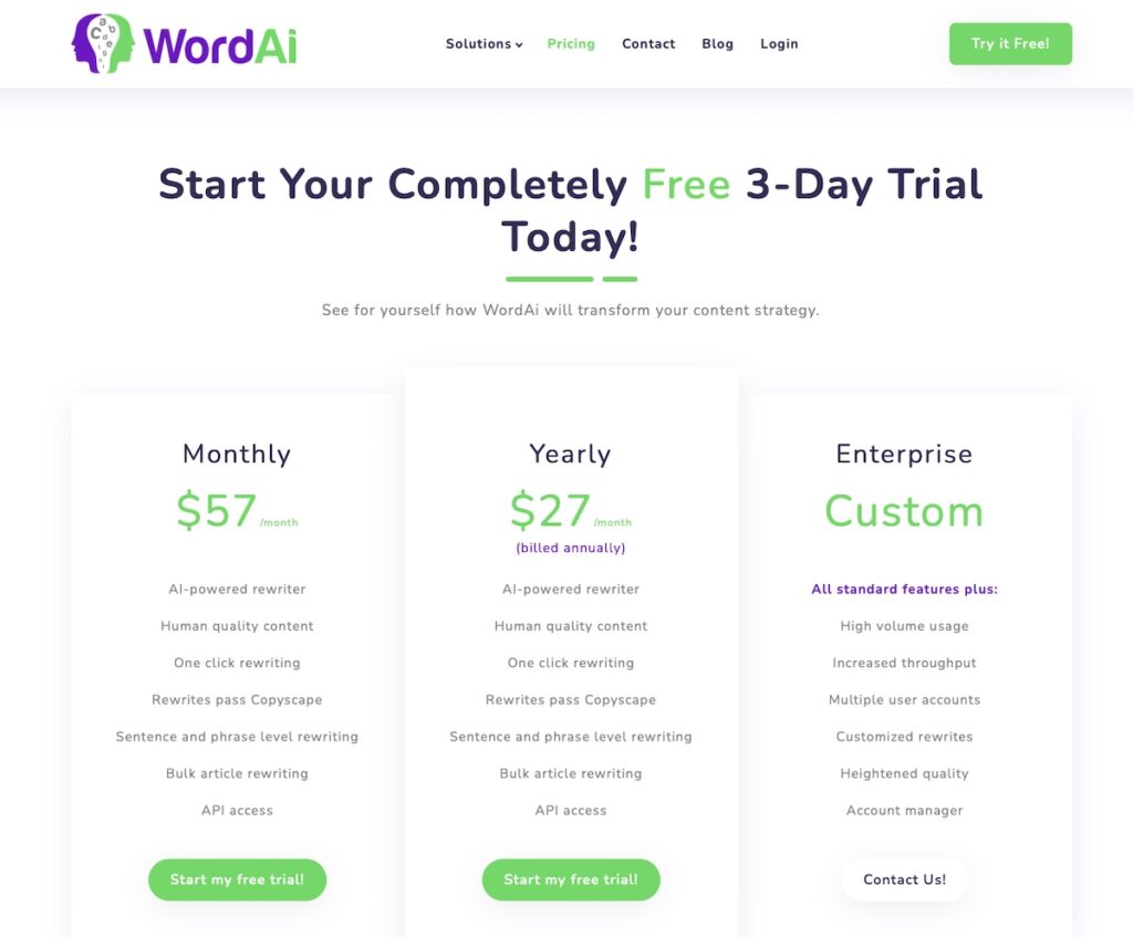 WordAi Pricing Page