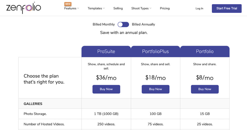 Zenfolio Monthly Pricing Page