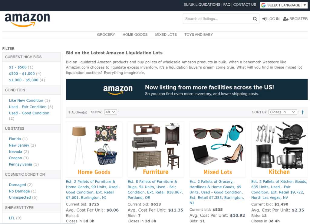 screenshot of bstock amazon liquidation auctions