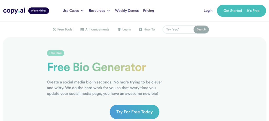 copy.ai bio generator page screenshot