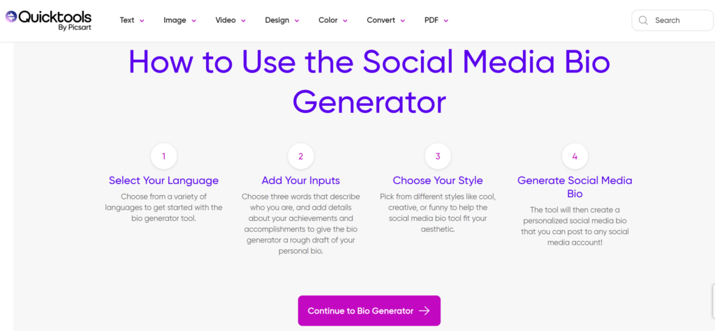 picsart bio generator page screenshot