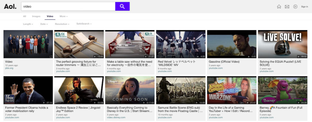 Aol. Video Search page