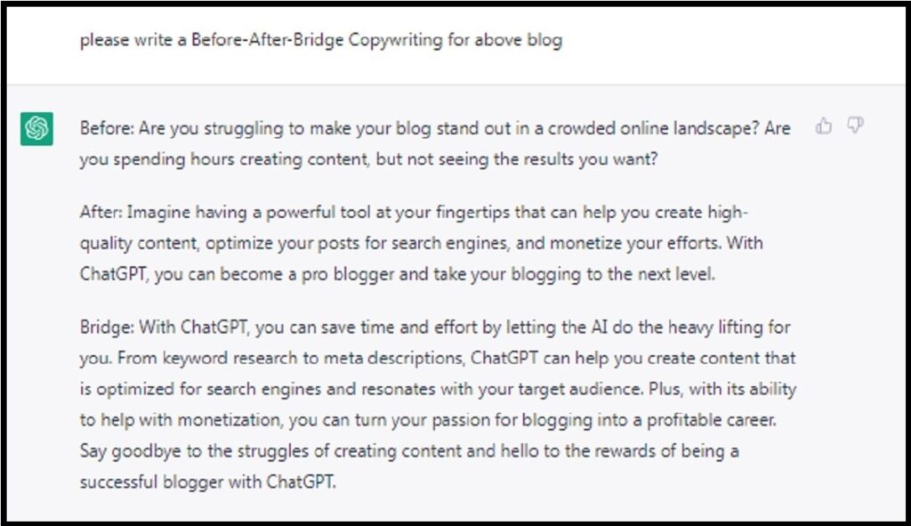 how to use chatgpt for blogging. Before-After-Bridge Copywriting.