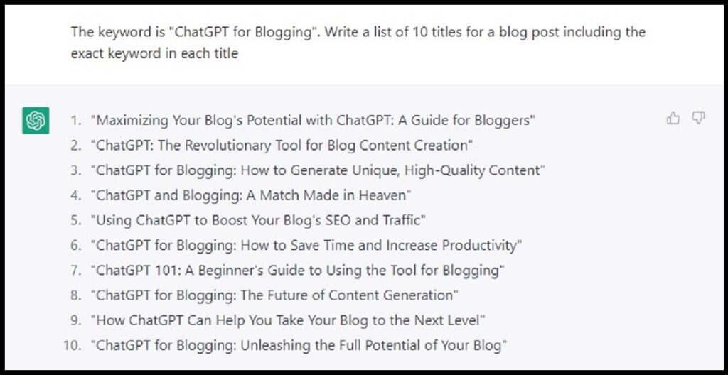ChatGPT generating blog post titles.