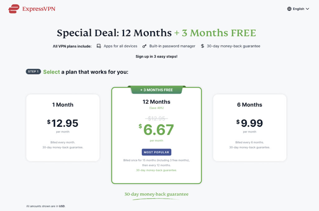 ExpressVPN Pricing Page