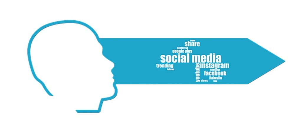 Graphic of a head with arrow crowded with social media 