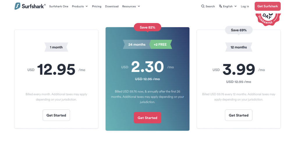 Surfshark Pricing Page