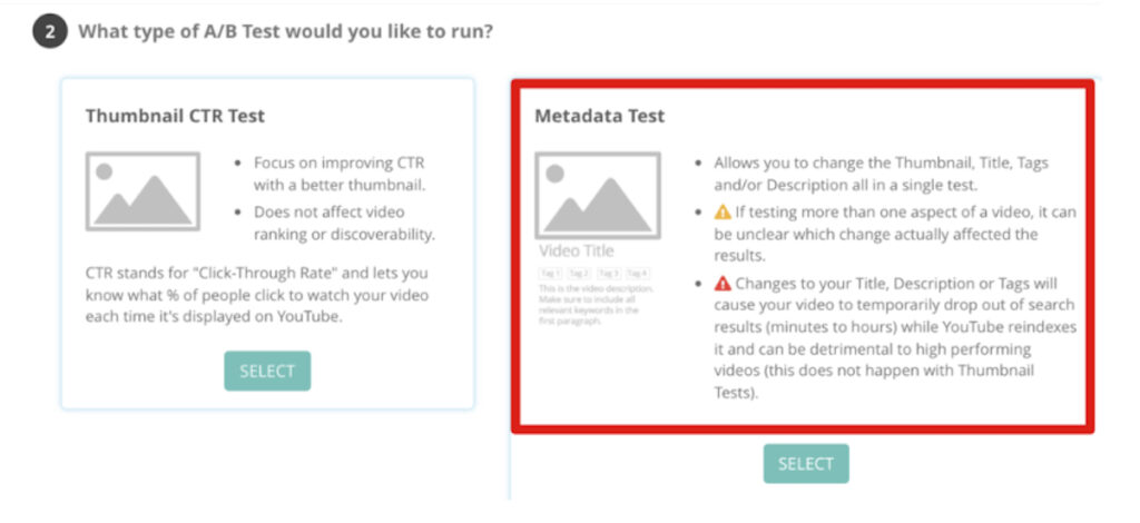 TubeBuddy Choose which type of A_B tests to run example