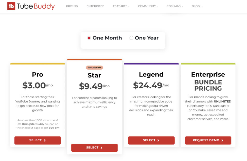 TubeBuddy Monthly Pricing Page