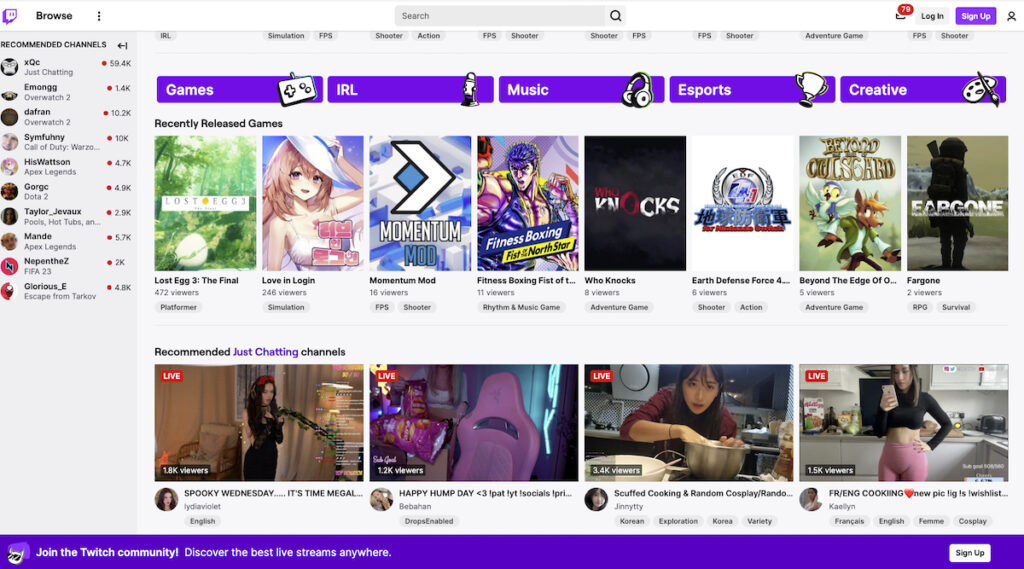 twitch.tv landing page