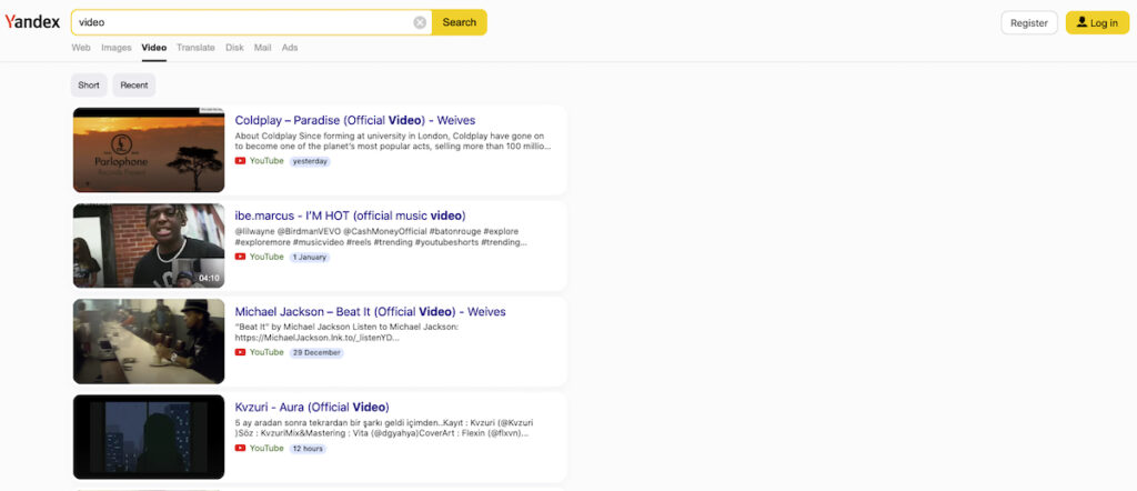 Yandex Video Search page