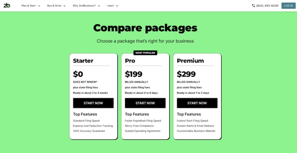 ZenBusiness Pricing page