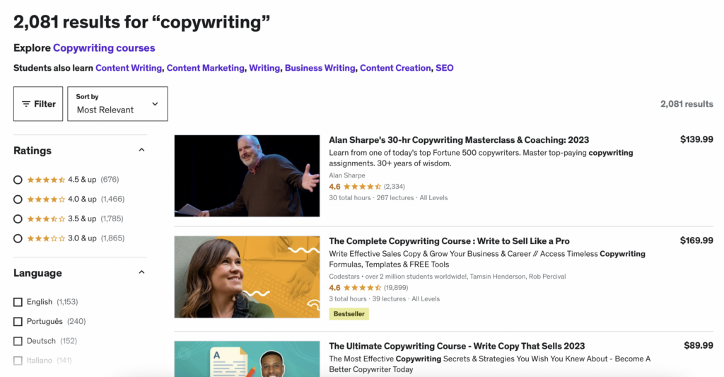 how to start an Amazon FBA business with little money - screenshot of courses on copywriting