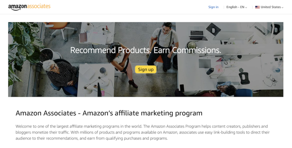 amazon affiliate sign up page
