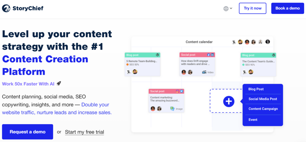 storychief - social media content generator - homepage screenshot