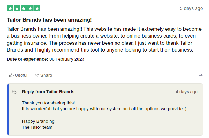 Tailor brands review - positive trustpilot review