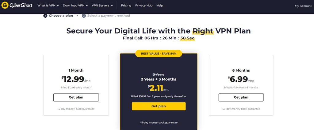 CyberGhost pricing page.