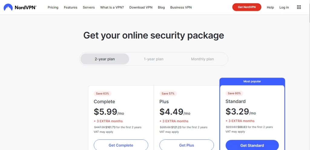 NordVPN pricing page.
