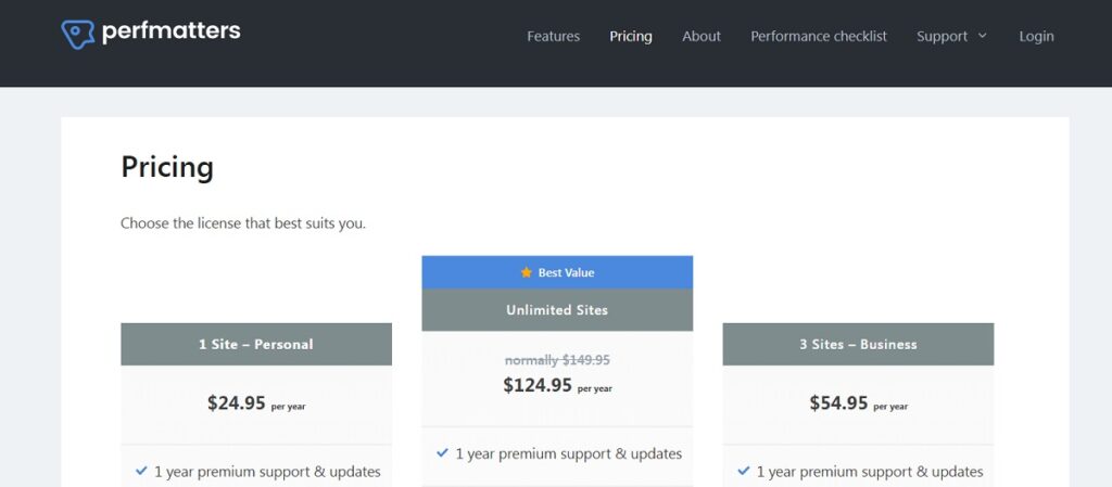 Perfmatters pricing page.