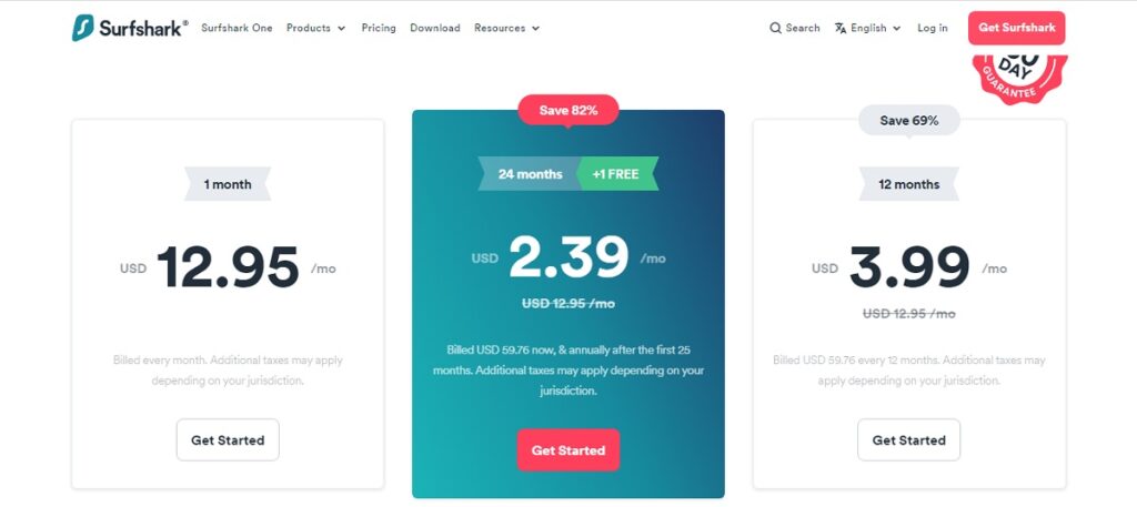 Surfshark Pricing page