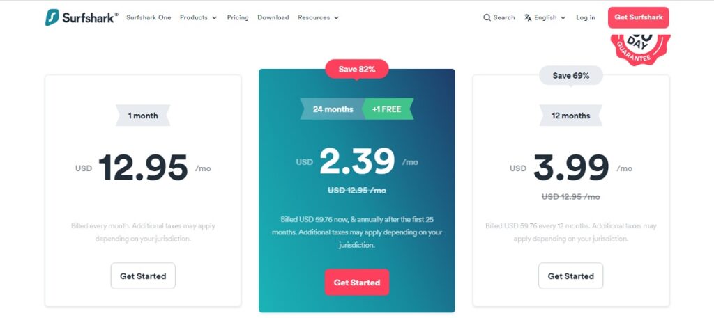 Surfshark pricing page.