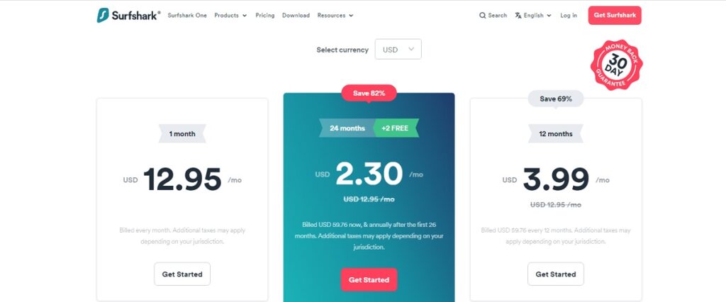 Surfshark pricing page.