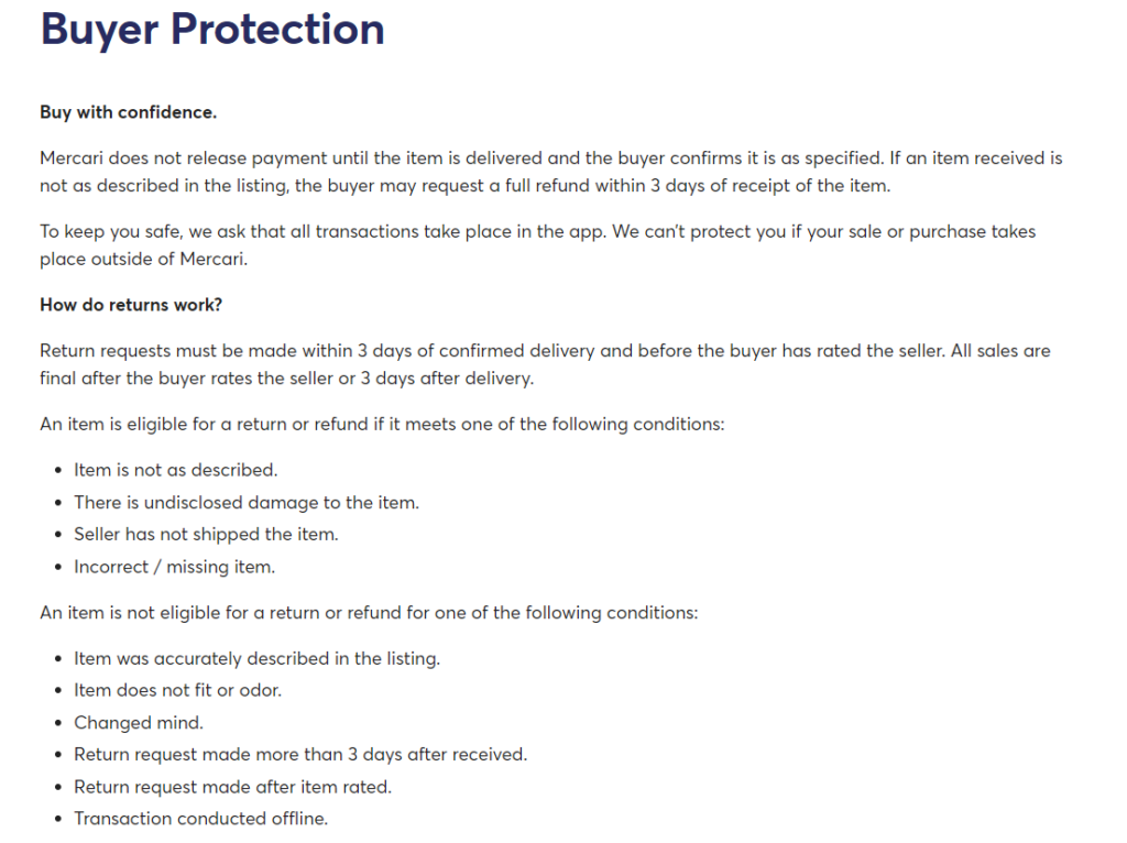 mercari buyer protection screenshot