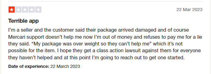 negative mercari review - trustpilot screenshot