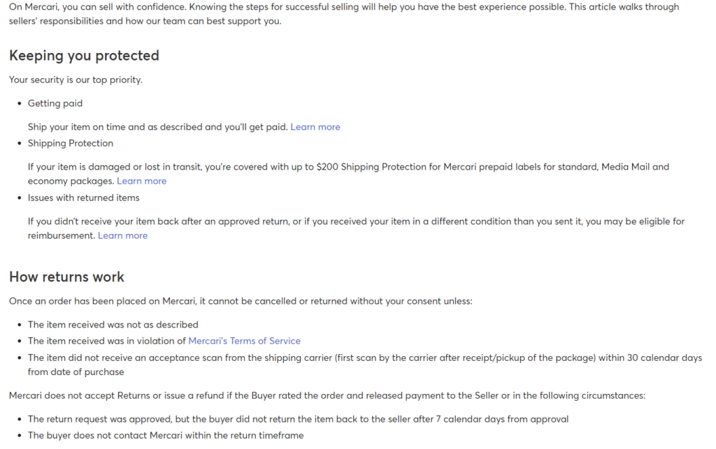 mercari seller protection screenshot