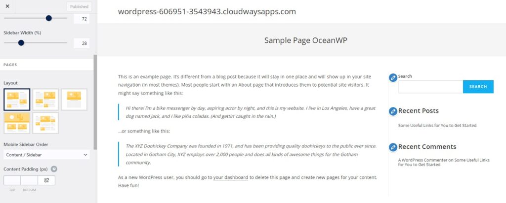 OceanWP page layout customizer.