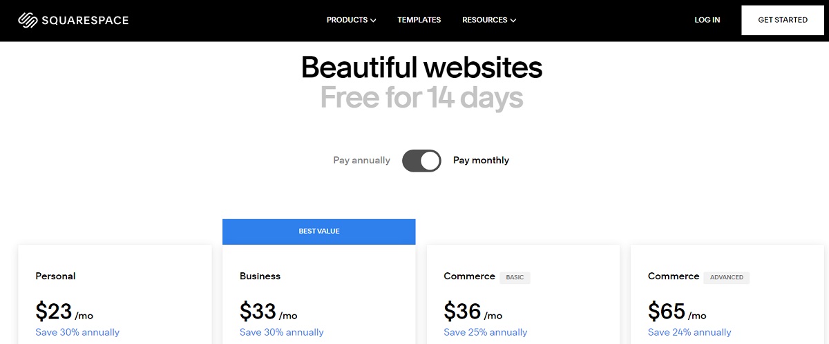Squarespace pricing page.