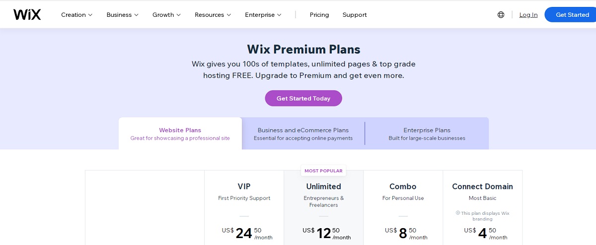 Wix pricing page.