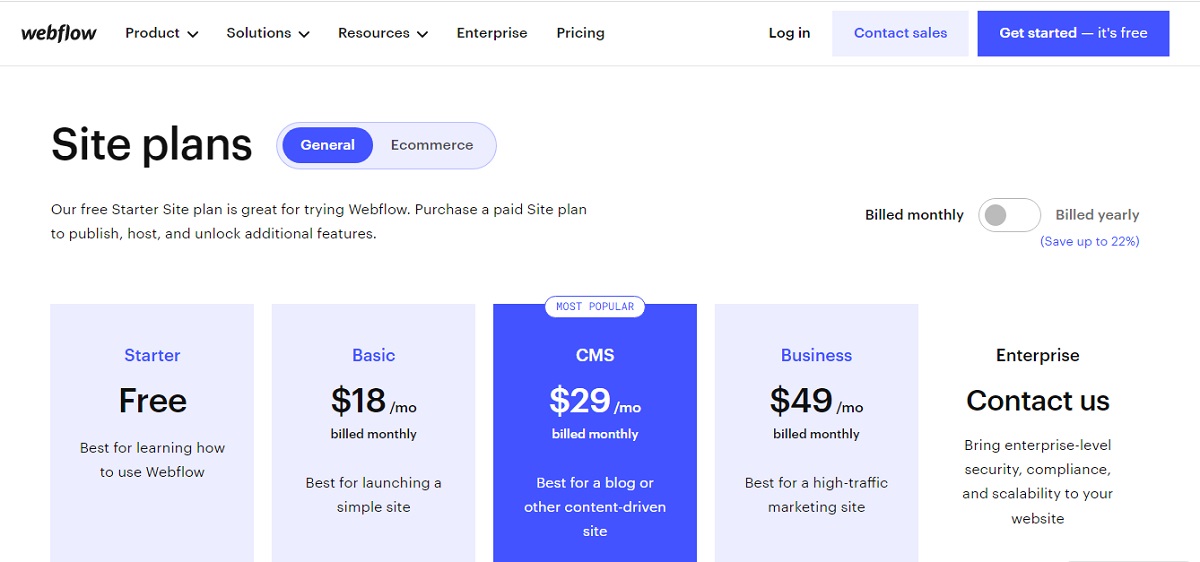 Webflow site plans price.