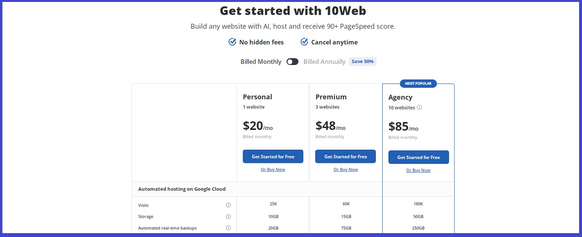 10web AI Website builder pricing.