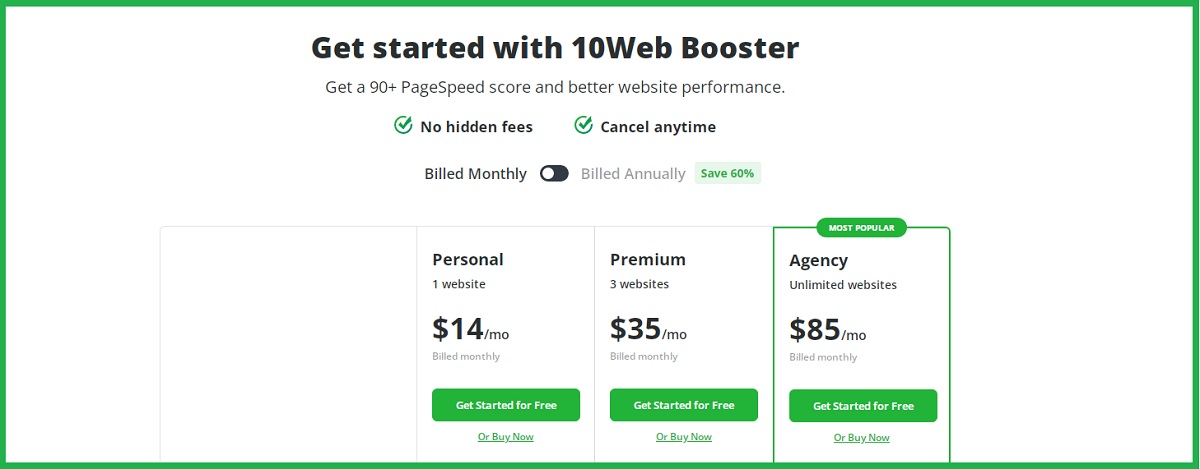 10web AI Website speed booster pricing.