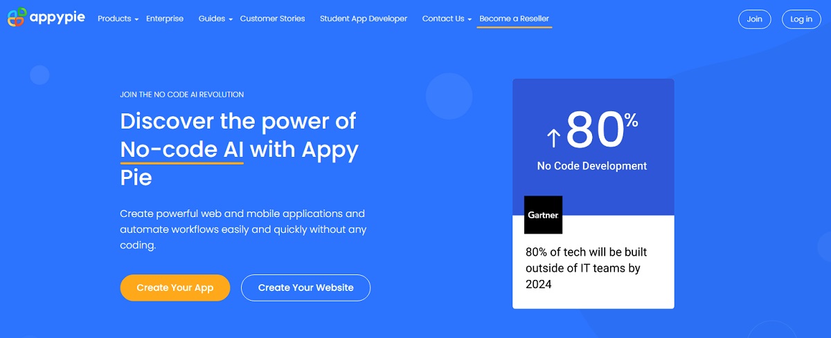 Appy Pie website builder landing page.