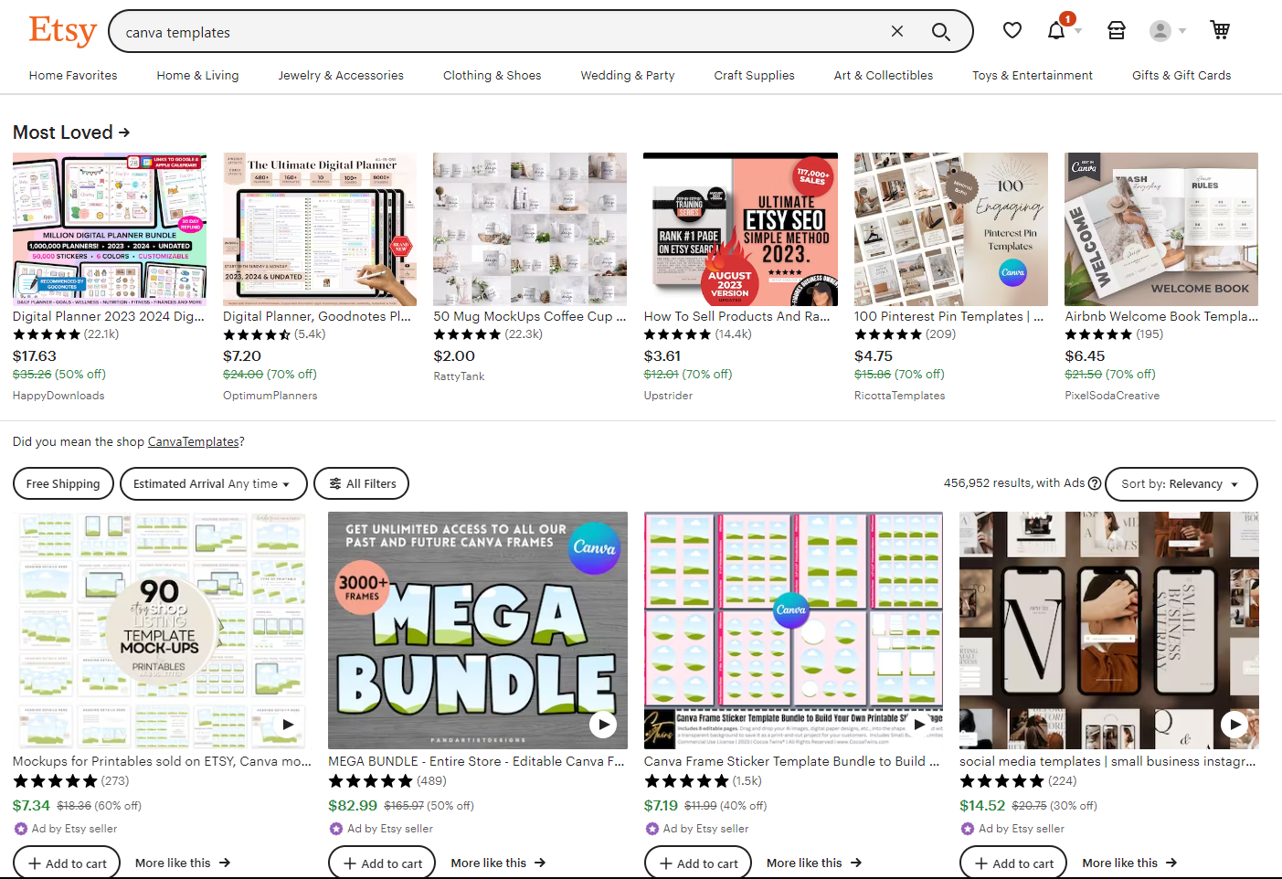 how to sell canva templates on etsy - screenshot of canva template search results on etsy website