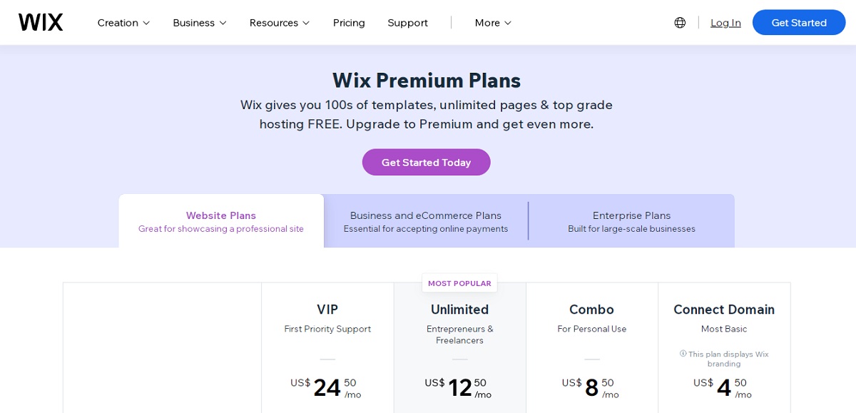 Wix pricing page.