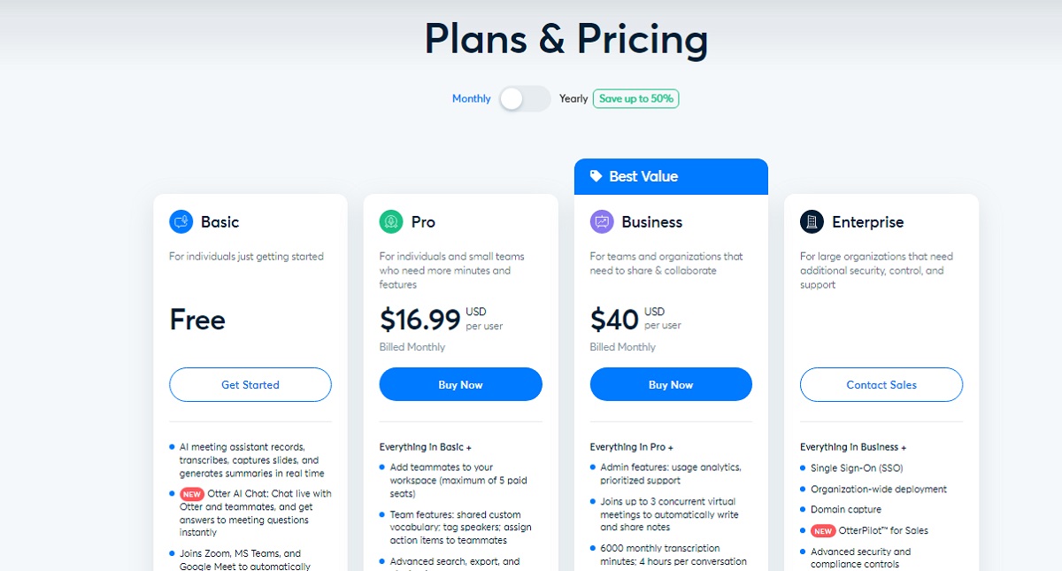 Otter AI pricing page.