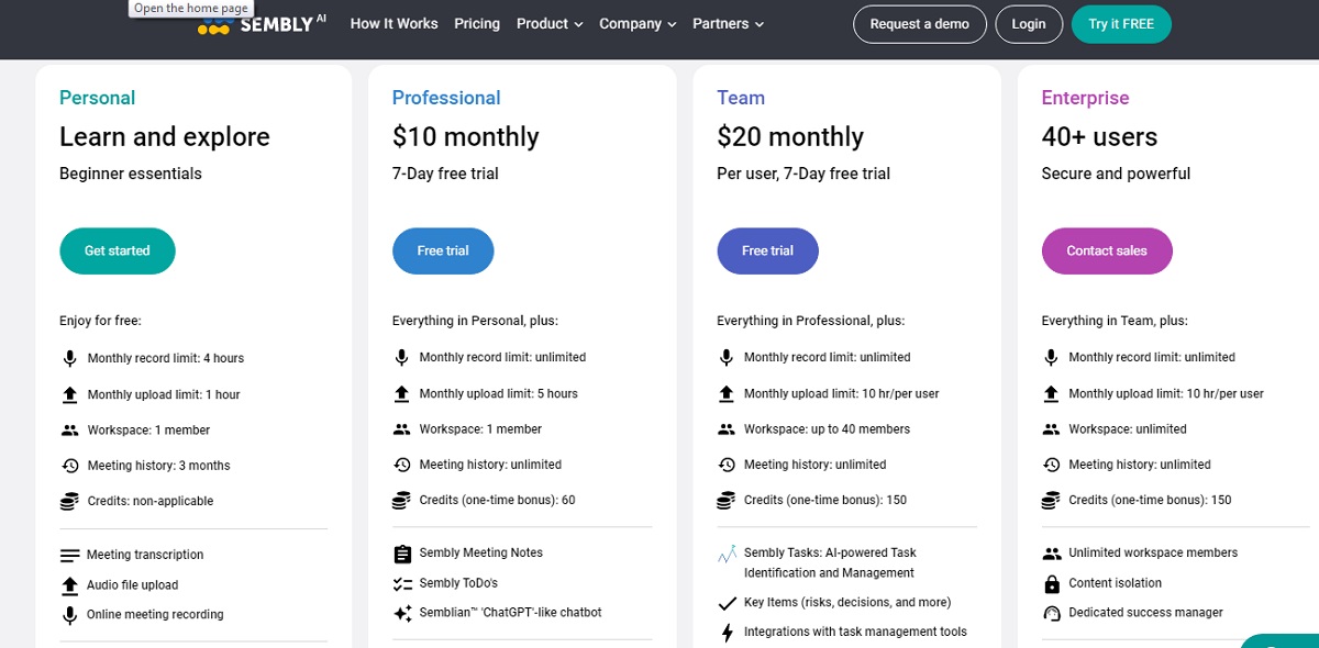 Sembly AI pricing page.