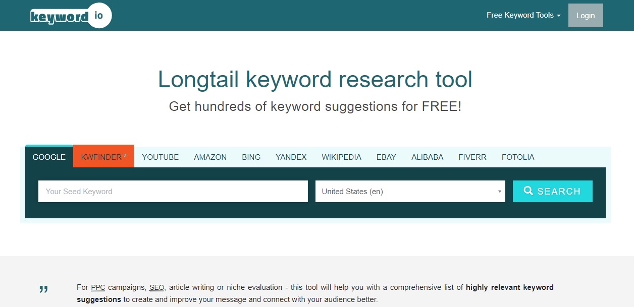 Keyword io  free keyword research landing page.